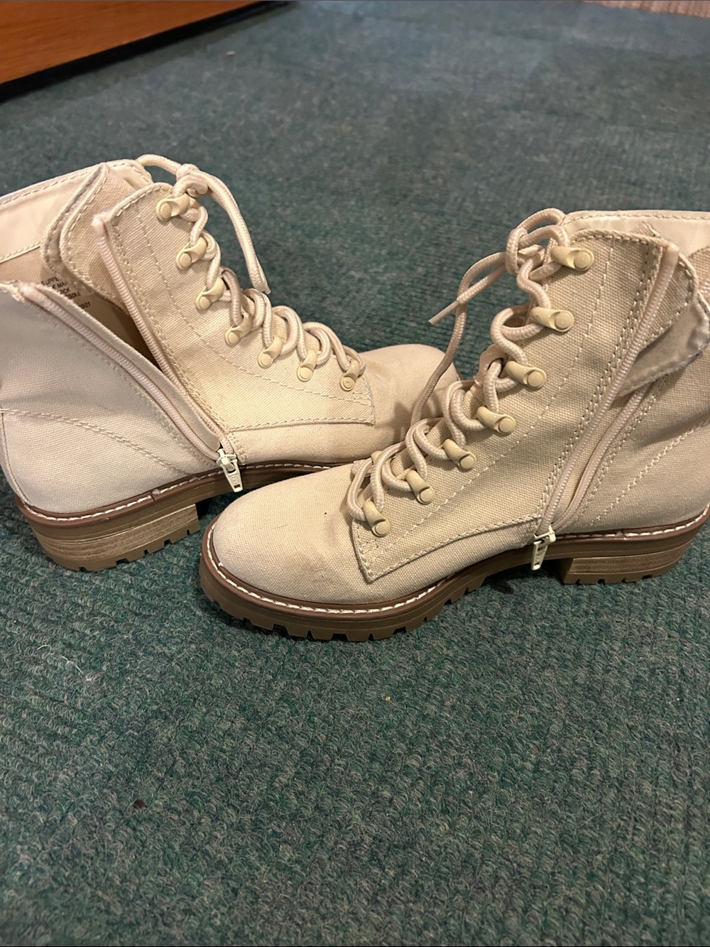 Women's Tan Canvas Lace-Up Combat Boots with Side Zip